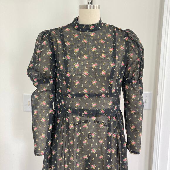 Vintage Black and Pink Floral Handmade Prairie Dress - Picture 2 of 8